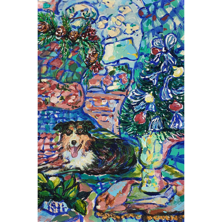 Mini australian sheperd in a festive bedroom