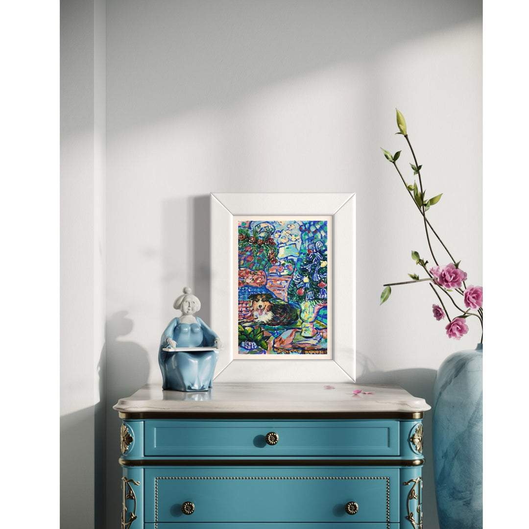 Mini australian sheperd in a festive bedroom